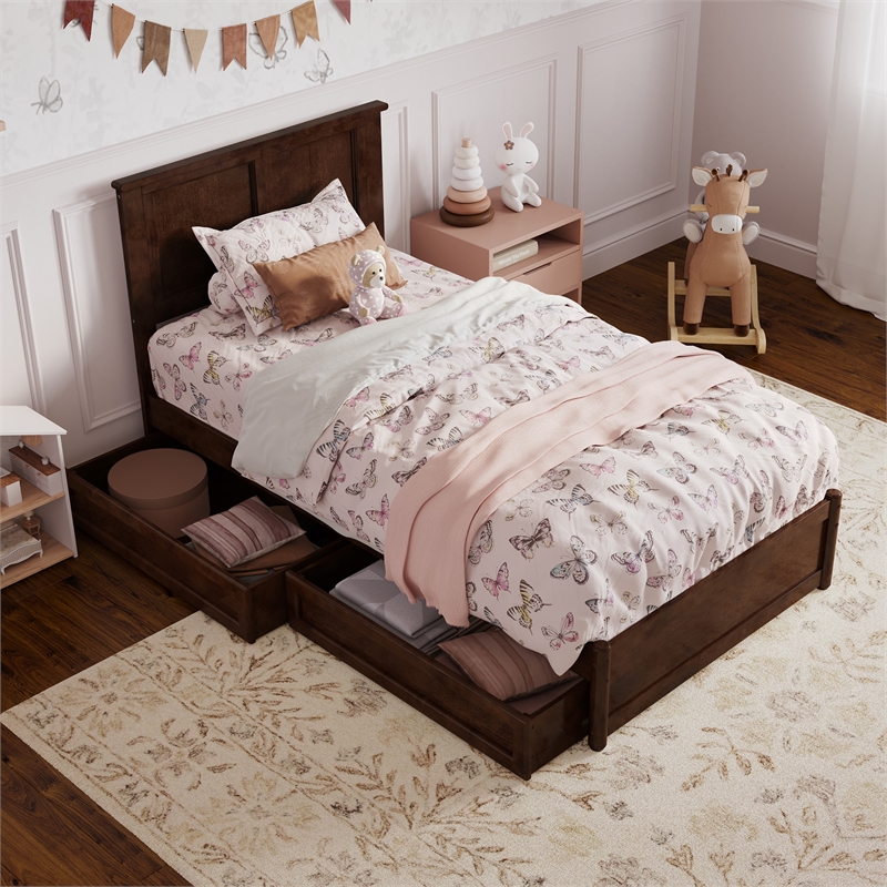 Felicity Twin Wood Platform Bed with Panel Footboard & Storage Drawers in Walnut