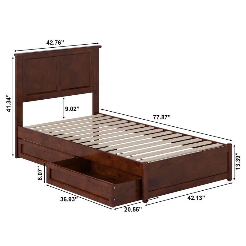 Felicity Twin Wood Platform Bed with Panel Footboard & Storage Drawers in Walnut
