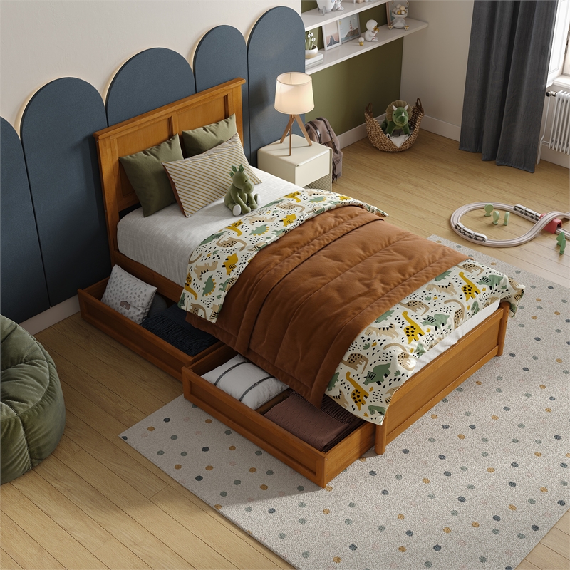 Felicity Twin Wood Platform Bed with Panel Footboard & Drawers in Light Toffee