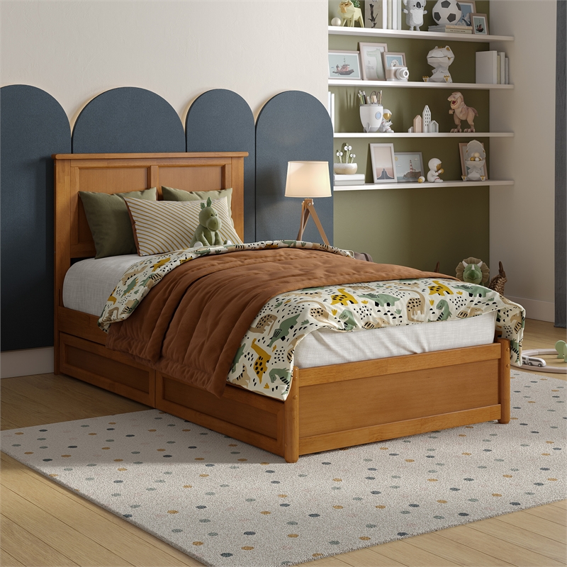 Felicity Twin Wood Platform Bed with Panel Footboard & Drawers in Light Toffee