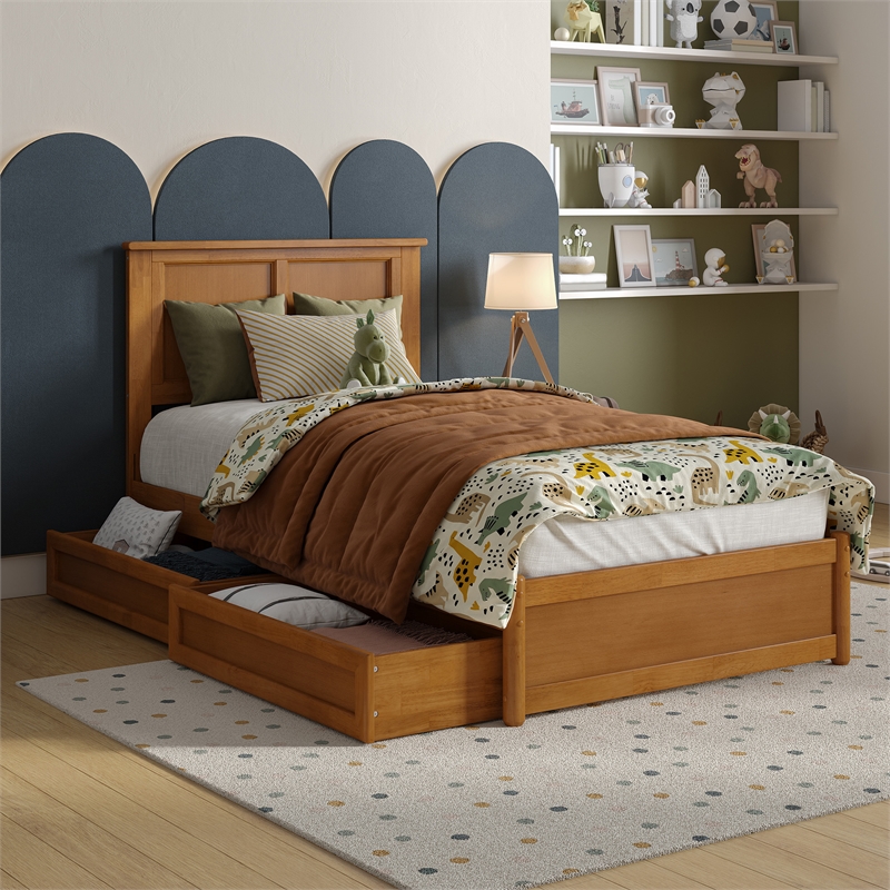 Felicity Twin Wood Platform Bed with Panel Footboard & Drawers in Light Toffee