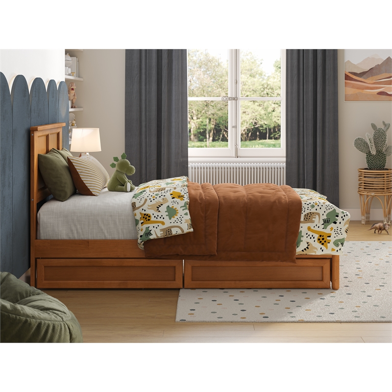 Felicity Twin Wood Platform Bed with Panel Footboard & Drawers in Light Toffee