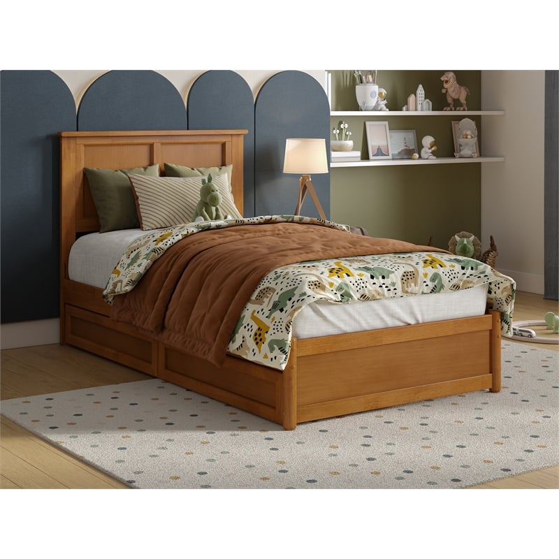 Felicity Twin Wood Platform Bed with Panel Footboard & Drawers in Light Toffee