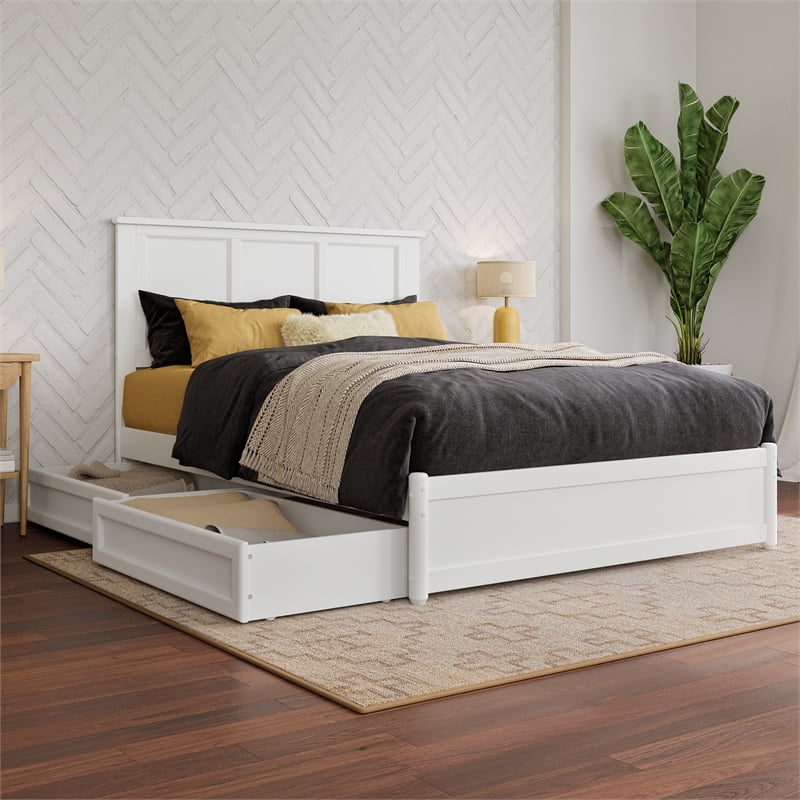 Felicity Full Wood Platform Bed with Panel Footboard & Storage Drawers in White