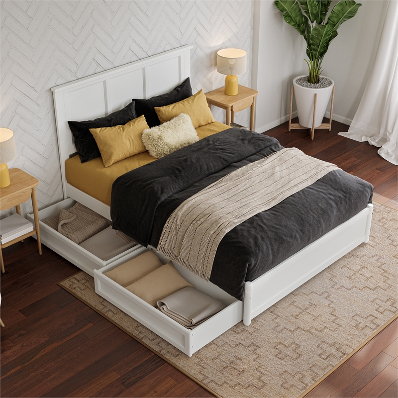 Felicity Full Wood Platform Bed with Panel Footboard & Storage Drawers in White