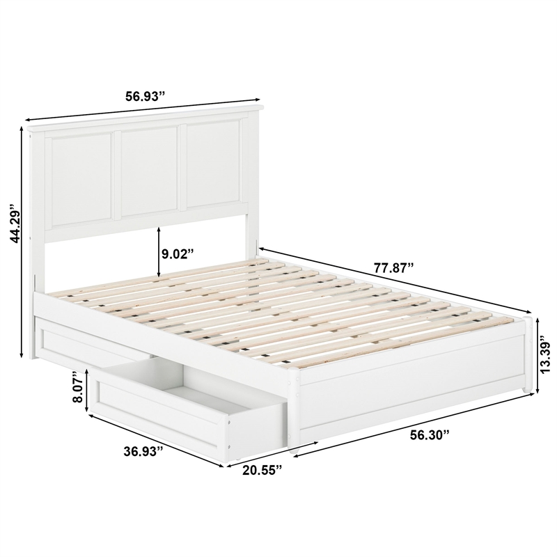Felicity Full Wood Platform Bed with Panel Footboard & Storage Drawers in White