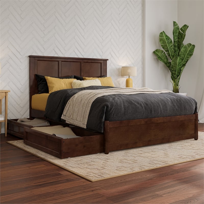 Felicity Full Wood Platform Bed with Panel Footboard & Storage Drawers in Walnut