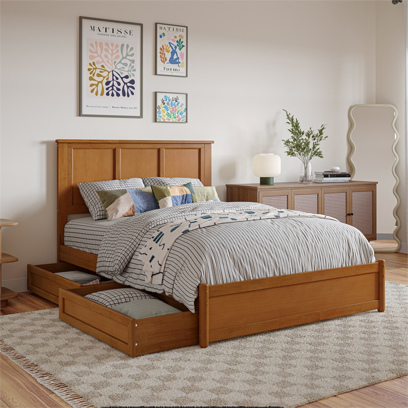 Felicity Full Wood Platform Bed with Panel Footboard & Drawers in Light Toffee