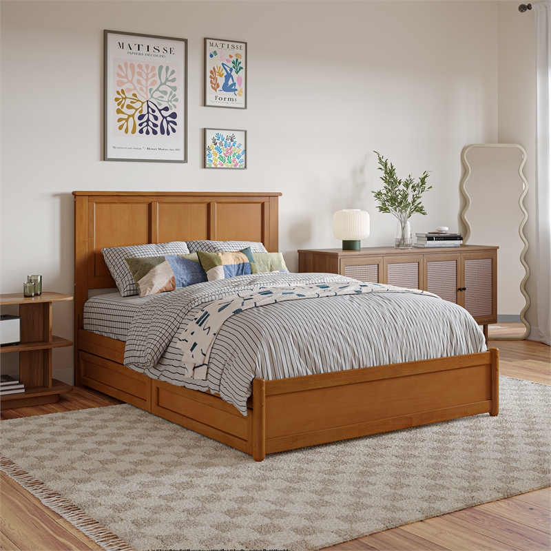 Felicity Full Wood Platform Bed with Panel Footboard & Drawers in Light Toffee