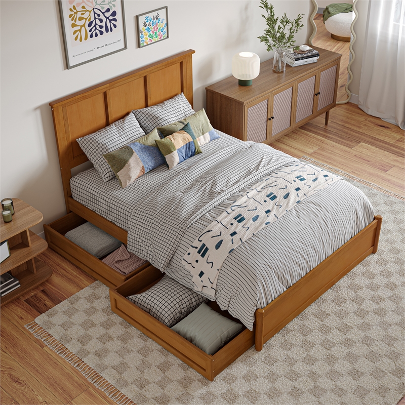 Felicity Full Wood Platform Bed with Panel Footboard & Drawers in Light Toffee