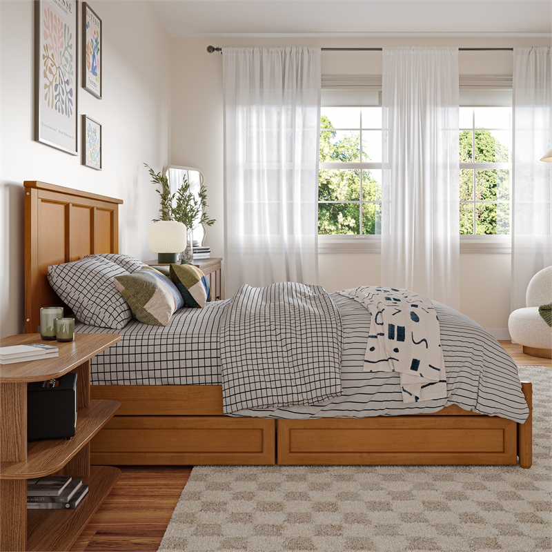 Felicity Full Wood Platform Bed with Panel Footboard & Drawers in Light Toffee