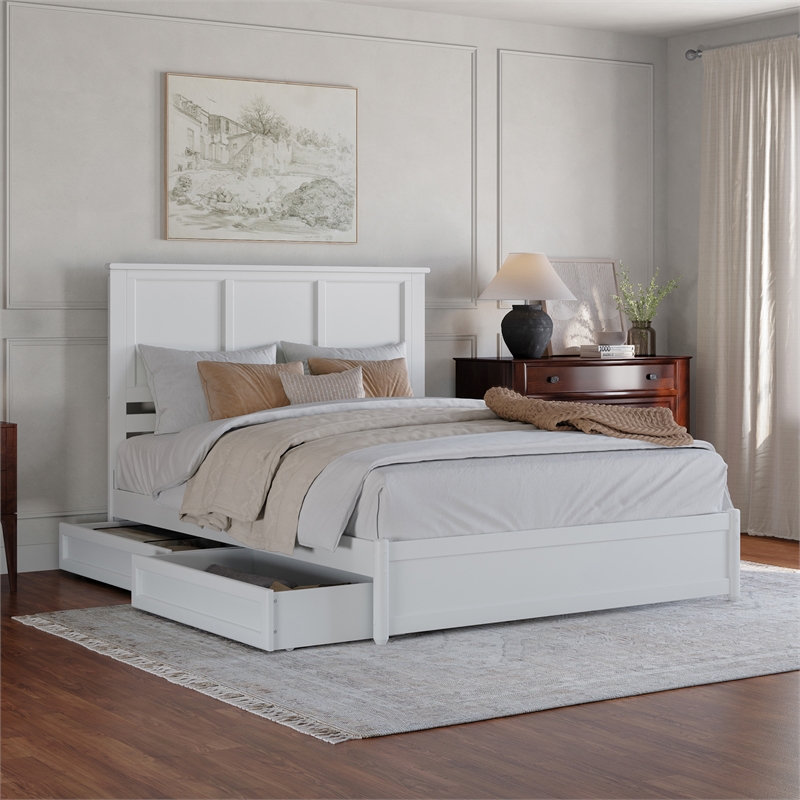 Felicity Queen Wood Platform Bed with Panel Footboard & Storage Drawers in White