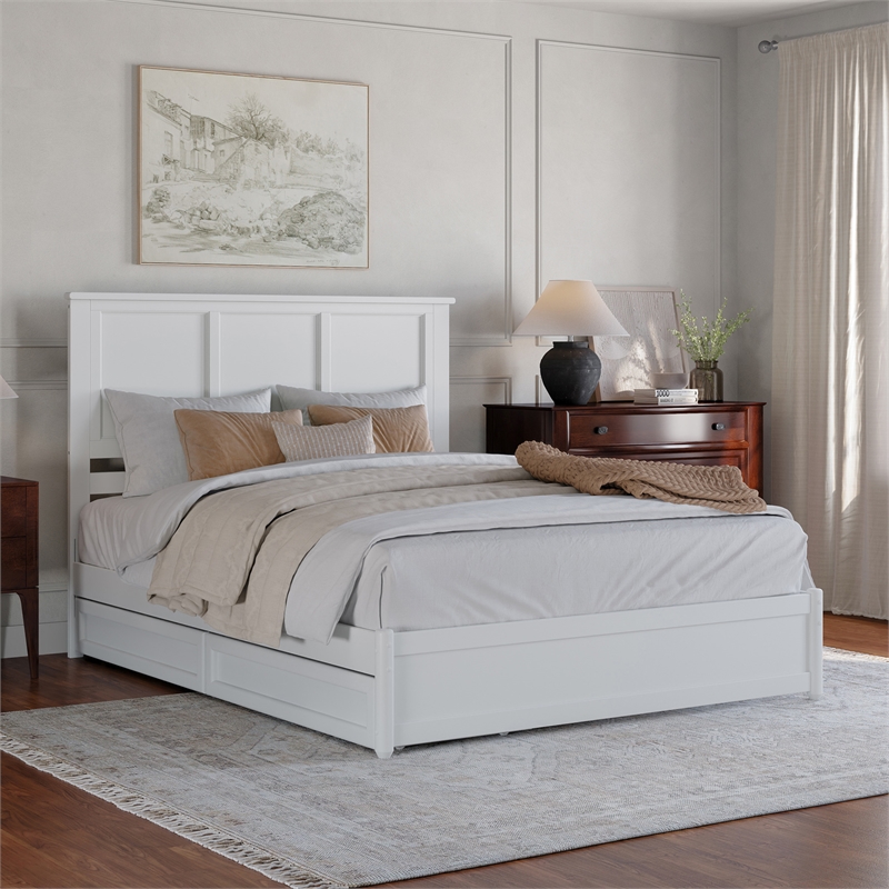 Felicity Queen Wood Platform Bed with Panel Footboard & Storage Drawers in White