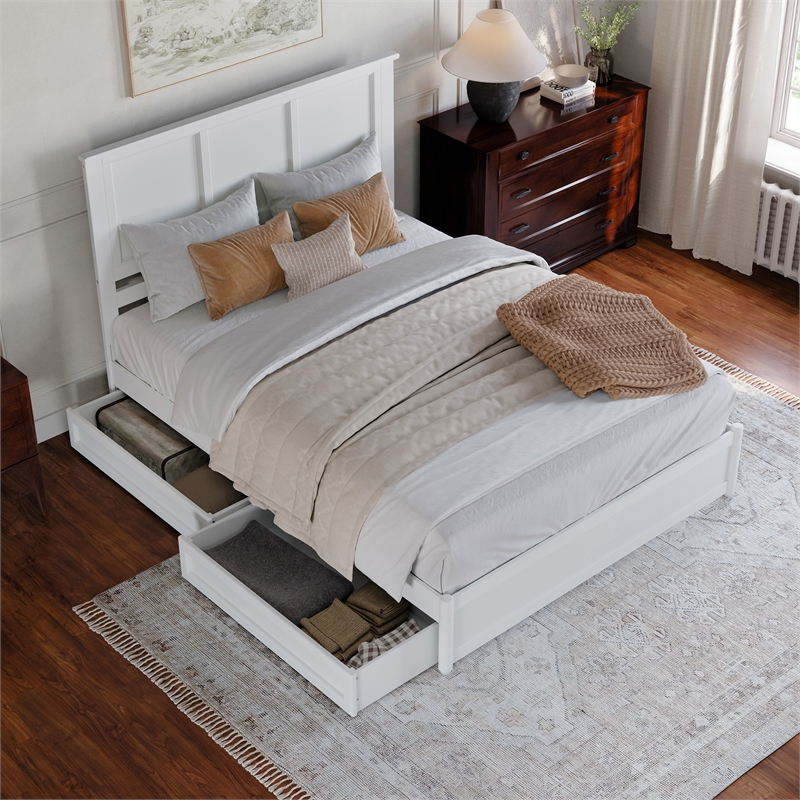 Felicity Queen Wood Platform Bed with Panel Footboard & Storage Drawers in White
