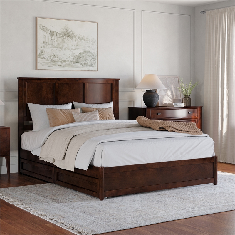 Felicity Queen Wood Platform Bed with Panel Footboard & Drawers in Walnut