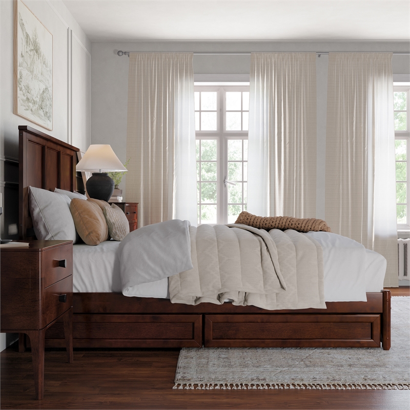 Felicity Queen Wood Platform Bed with Panel Footboard & Drawers in Walnut