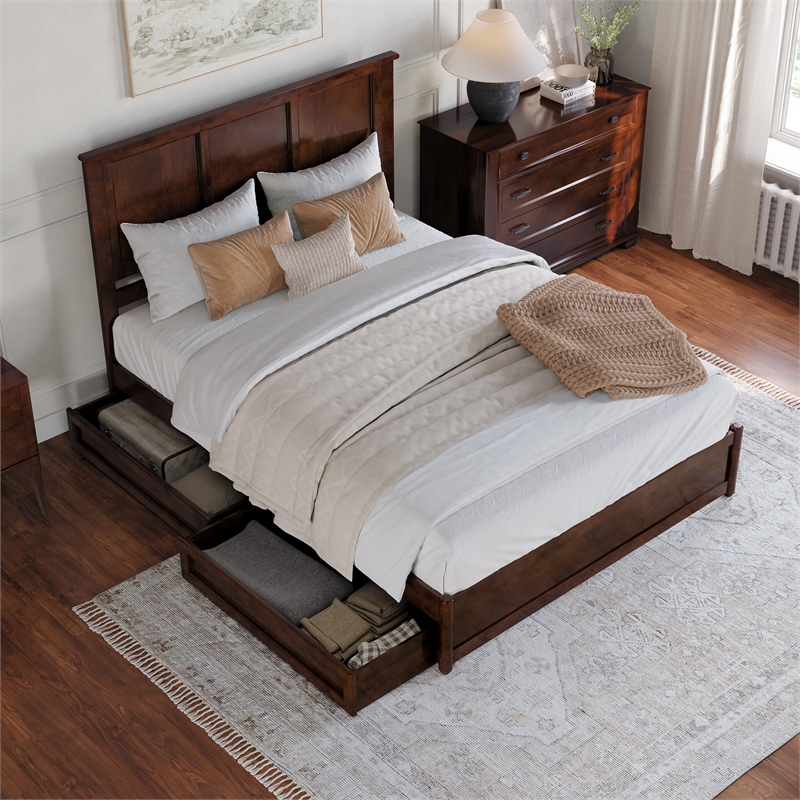 Felicity Queen Wood Platform Bed with Panel Footboard & Drawers in Walnut