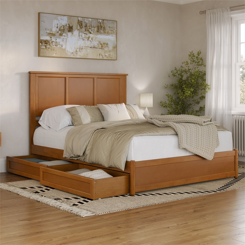 Felicity Queen Wood Platform Bed with Panel Footboard & Drawers in Light Toffee