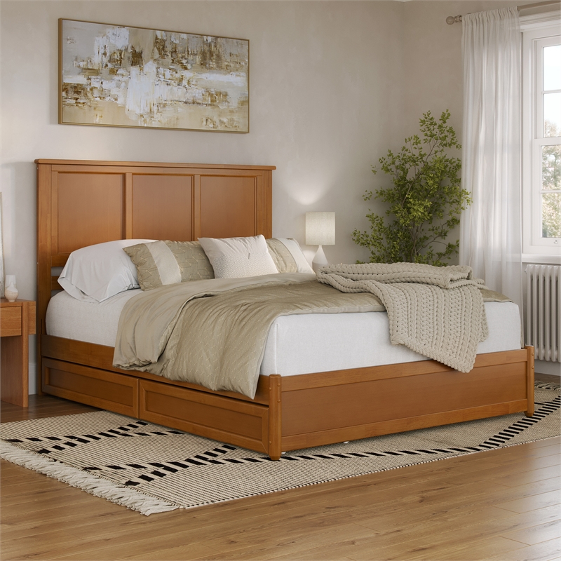 Felicity Queen Wood Platform Bed with Panel Footboard & Drawers in Light Toffee