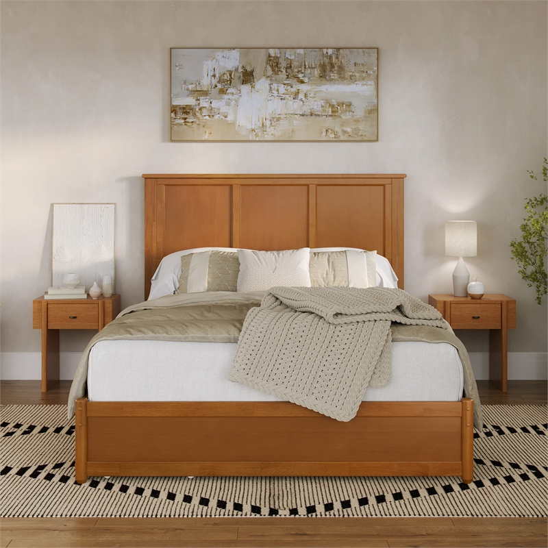 Felicity Queen Wood Platform Bed with Panel Footboard & Drawers in Light Toffee