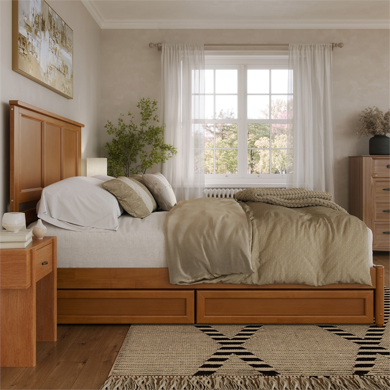 Felicity Queen Wood Platform Bed with Panel Footboard & Drawers in Light Toffee