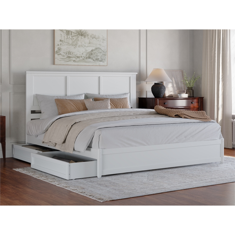 Felicity King Wood Platform Bed with Panel Footboard & Storage Drawers in White
