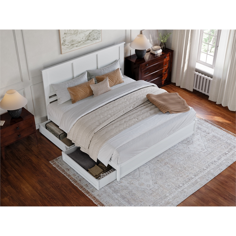 Felicity King Wood Platform Bed with Panel Footboard & Storage Drawers in White