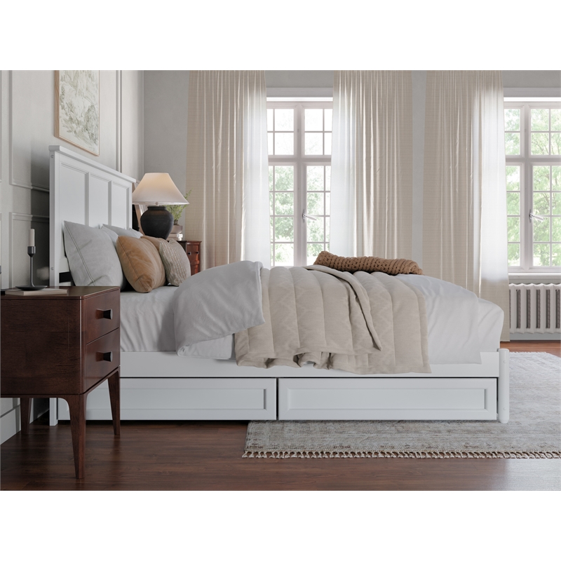 Felicity King Wood Platform Bed with Panel Footboard & Storage Drawers in White