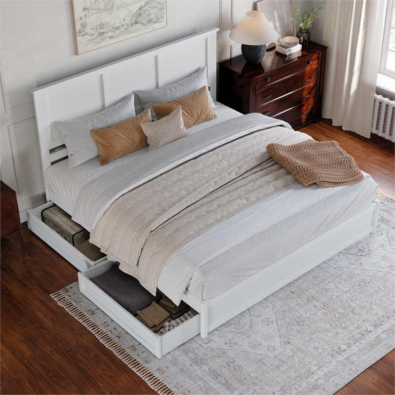 Felicity King Wood Platform Bed with Panel Footboard & Storage Drawers in White