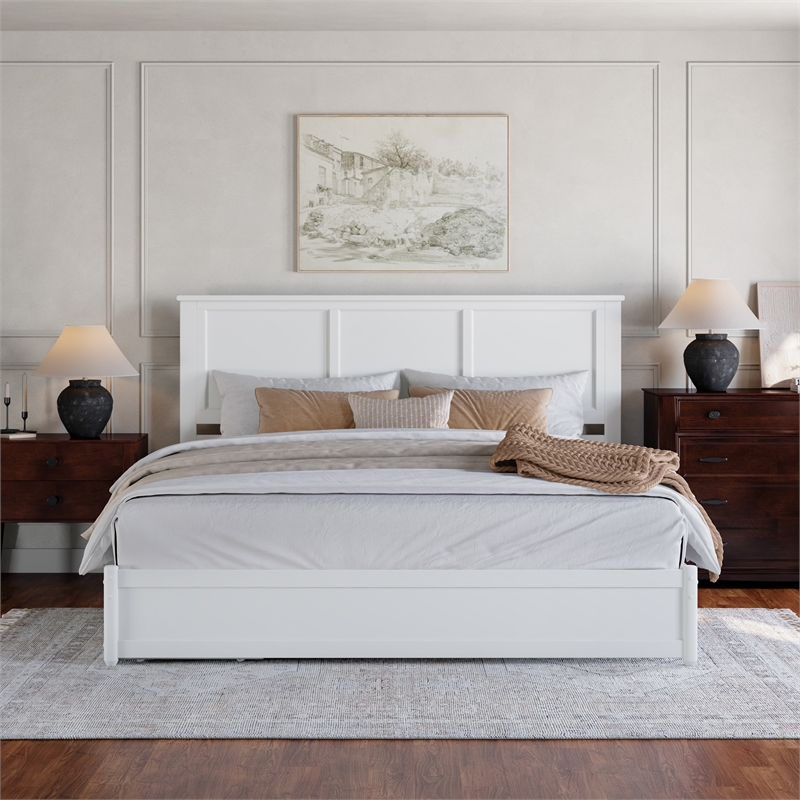 Felicity King Wood Platform Bed with Panel Footboard & Storage Drawers in White