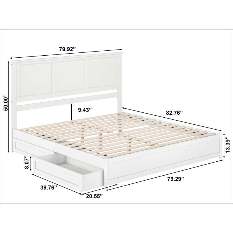 Felicity King Wood Platform Bed with Panel Footboard & Storage Drawers in White