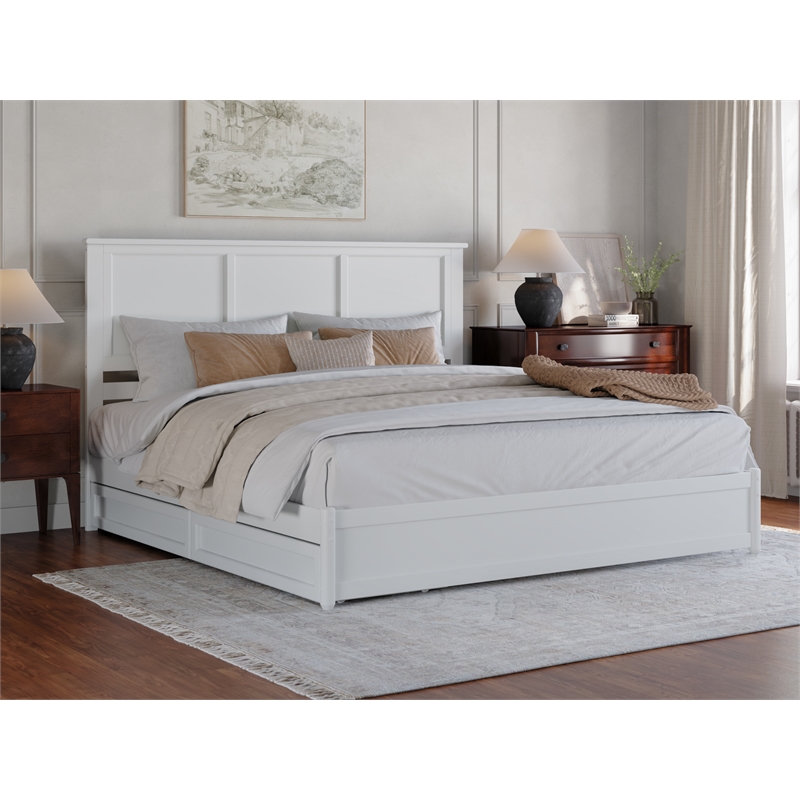 Felicity King Wood Platform Bed with Panel Footboard & Storage Drawers in White