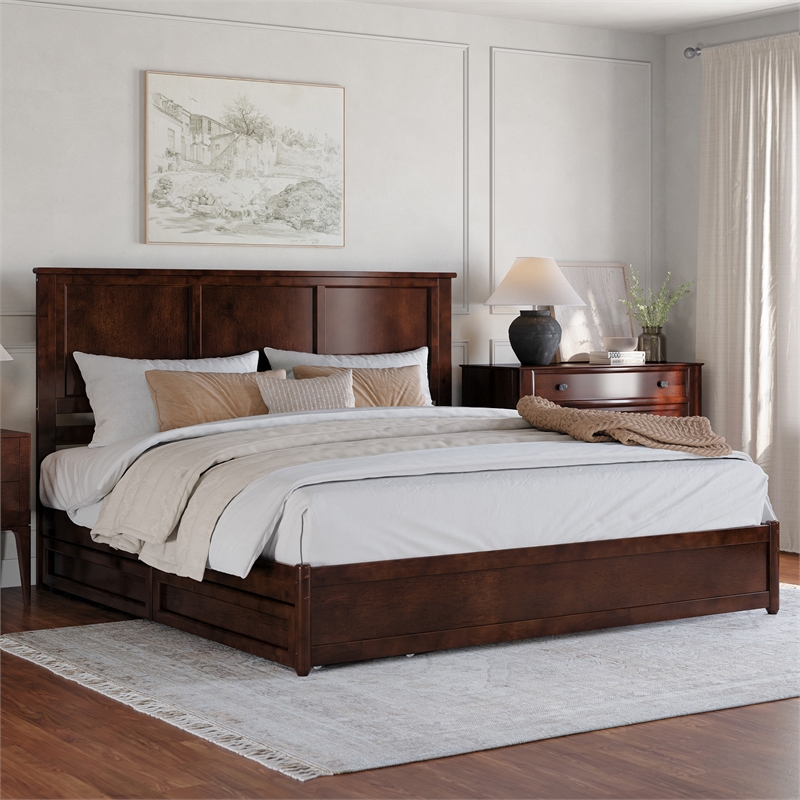 Felicity King Wood Platform Bed with Panel Footboard & Storage Drawers in Walnut