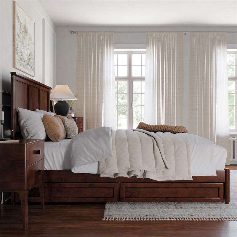 Felicity King Wood Platform Bed with Panel Footboard & Storage Drawers in Walnut