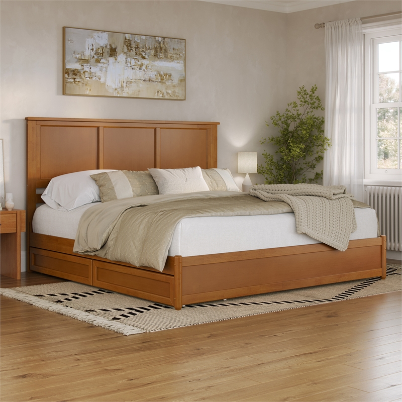 Felicity King Wood Platform Bed with Panel Footboard & Drawers in Light Toffee
