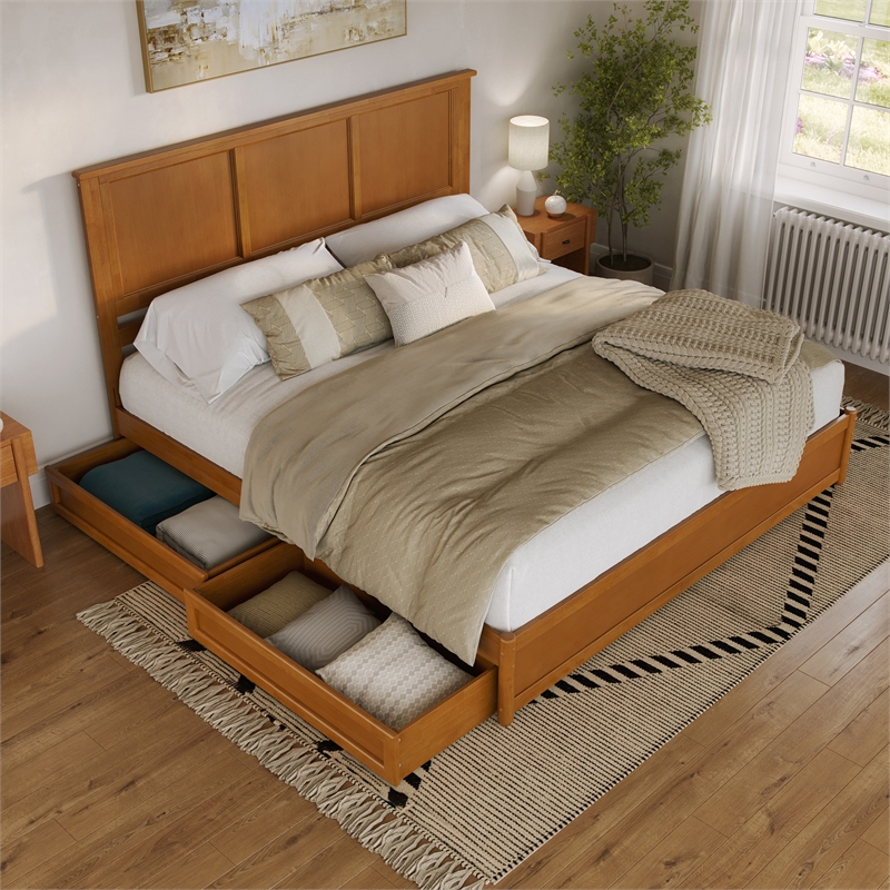Felicity King Wood Platform Bed with Panel Footboard & Drawers in Light Toffee