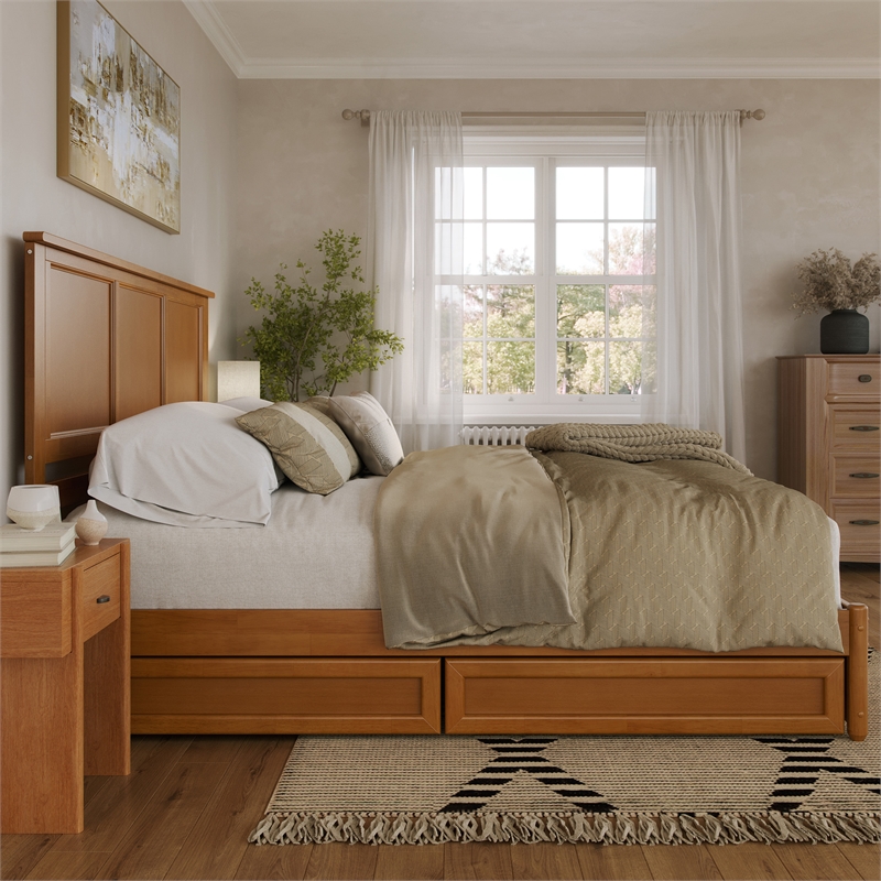 Felicity King Wood Platform Bed with Panel Footboard & Drawers in Light Toffee