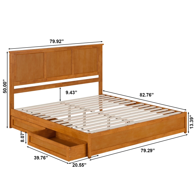 Felicity King Wood Platform Bed with Panel Footboard & Drawers in Light Toffee