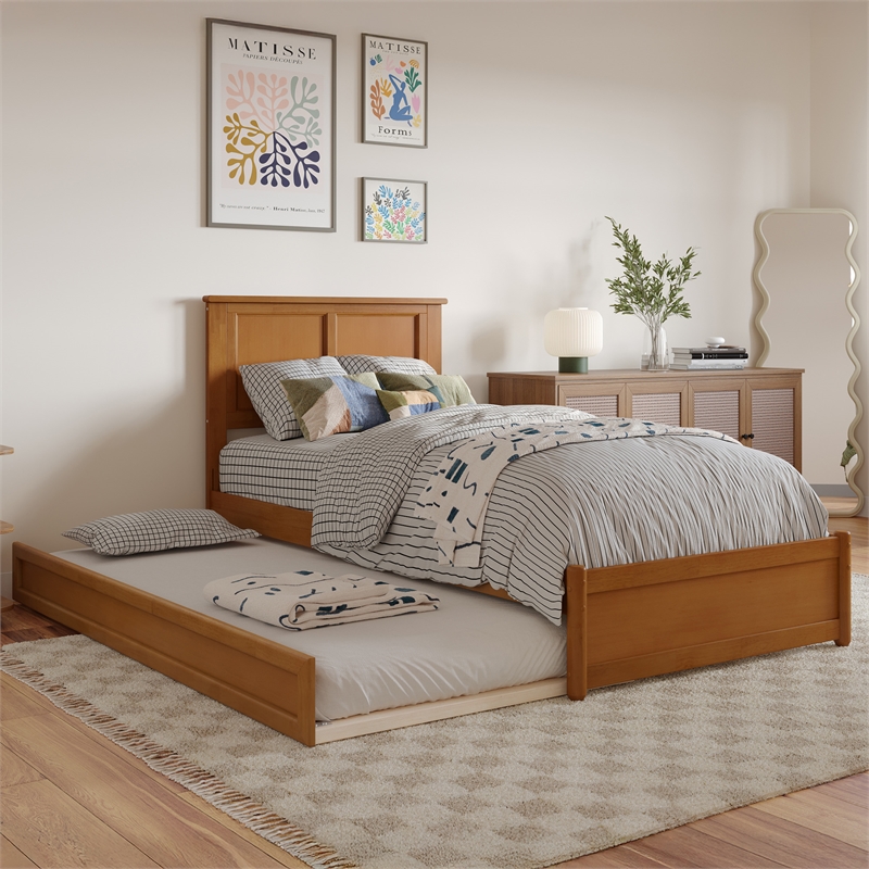 Felicity Twin XL Platform Bed with Panel Footboard & TXL Trundle in Light Toffee