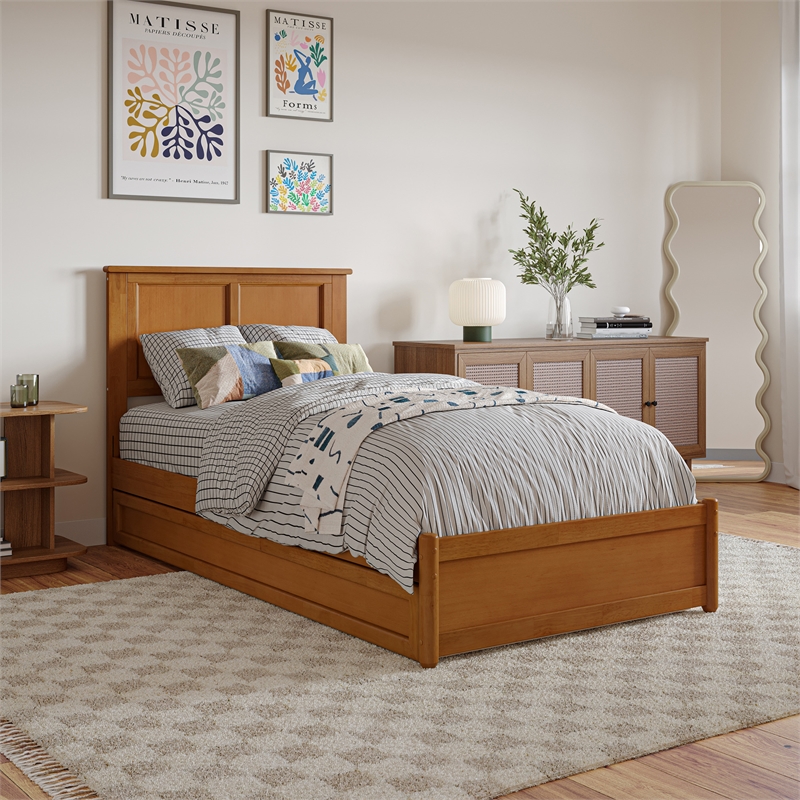 Felicity Twin XL Platform Bed with Panel Footboard & TXL Trundle in Light Toffee