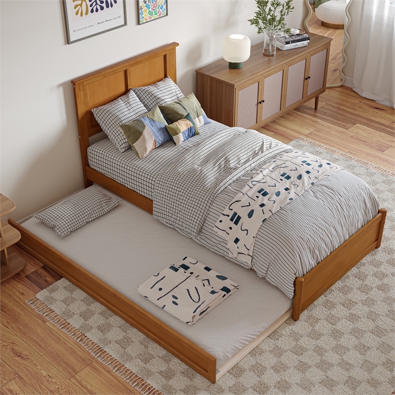 Felicity Twin XL Platform Bed with Panel Footboard & TXL Trundle in Light Toffee