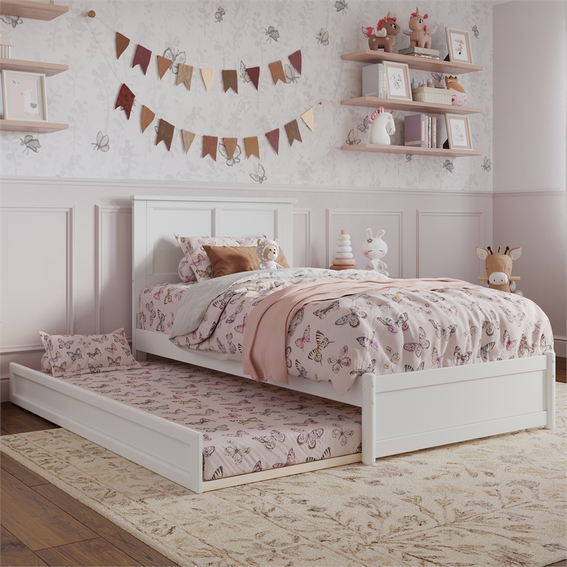 Felicity Twin Wood Platform Bed with Panel Footboard and Twin Trundle in White