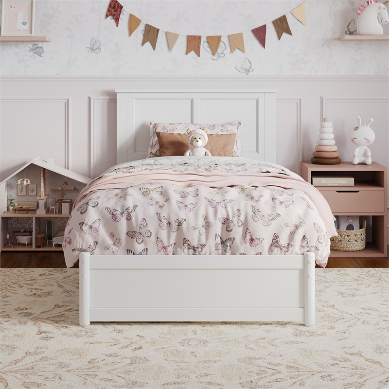 Felicity Twin Wood Platform Bed with Panel Footboard and Twin Trundle in White