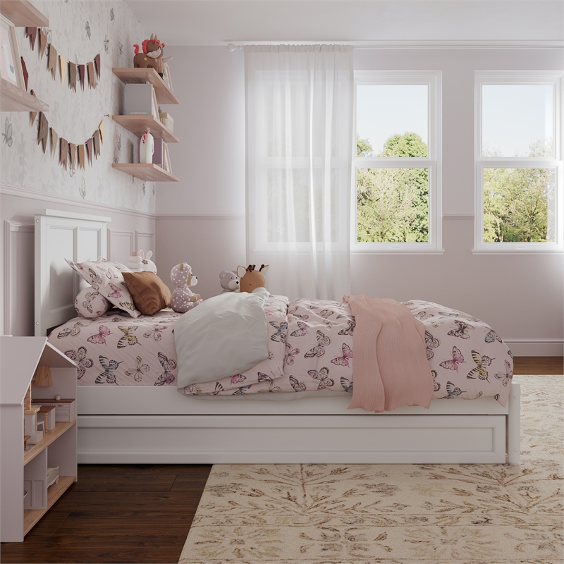 Felicity Twin Wood Platform Bed with Panel Footboard and Twin Trundle in White