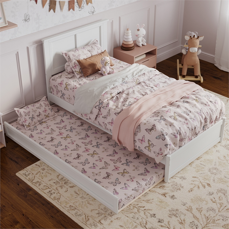 Felicity Twin Wood Platform Bed with Panel Footboard and Twin Trundle in White