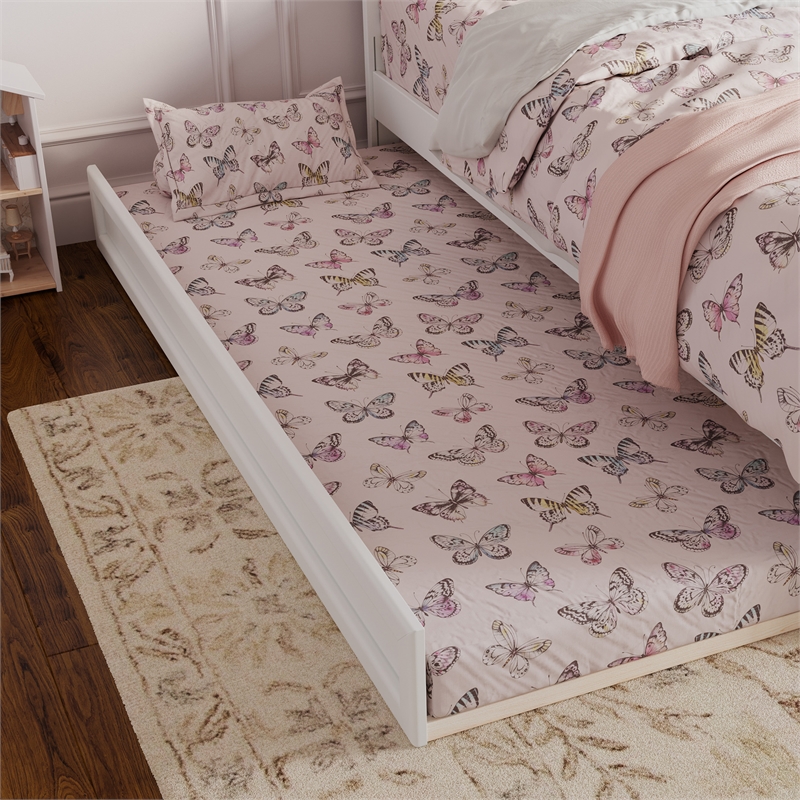 Felicity Twin Wood Platform Bed with Panel Footboard and Twin Trundle in White