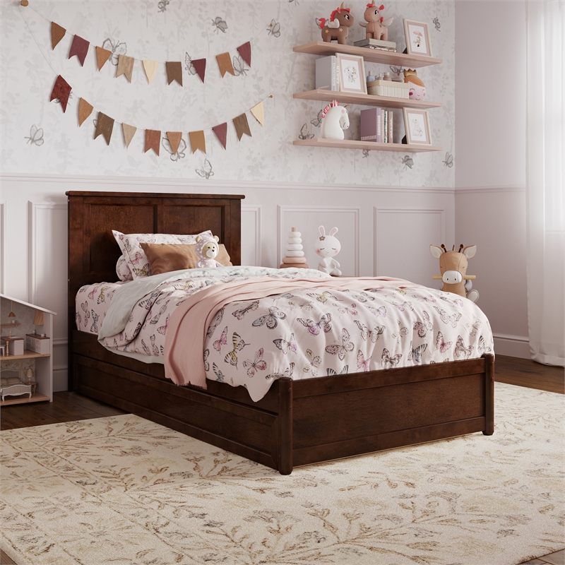 Felicity Twin Wood Platform Bed with Panel Footboard and Twin Trundle in Walnut