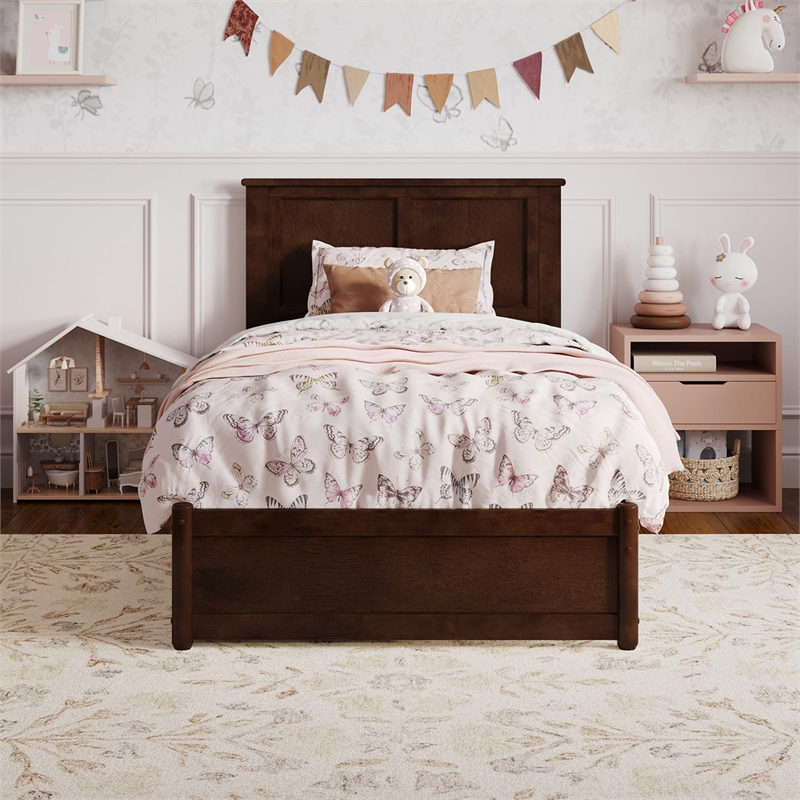 Felicity Twin Wood Platform Bed with Panel Footboard and Twin Trundle in Walnut