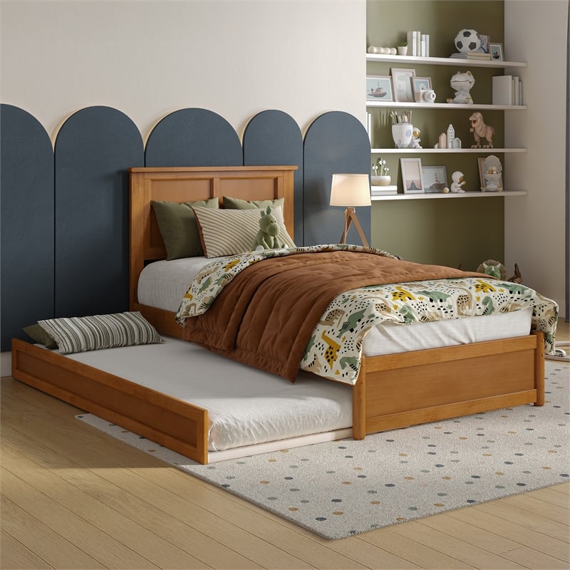 Felicity Twin Platform Bed with Panel Footboard & Twin Trundle in Light Toffee