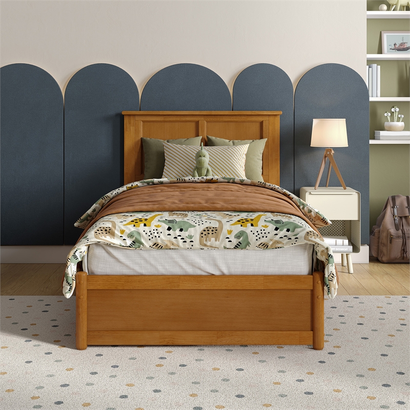 Felicity Twin Platform Bed with Panel Footboard & Twin Trundle in Light Toffee